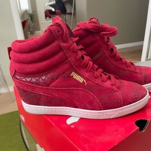 puma red wedge sneakers